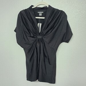 Chelsea & Theodore Harlow Top Blouse Knot Front Drape V Neck Black Large NWT.